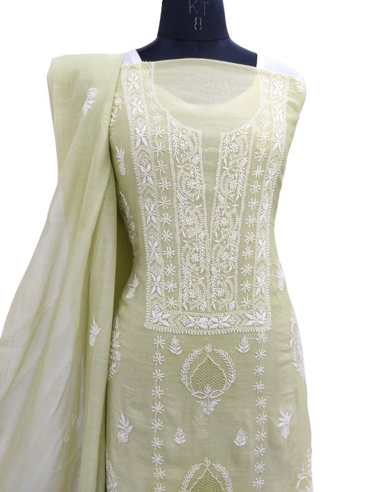 Shyamal Chikan Hand Embroidered Green Mul Chanderi Lucknowi Chikankari Unstitched Suit Piece with Jaali Work (Kurta Dupatta Set) - S22968