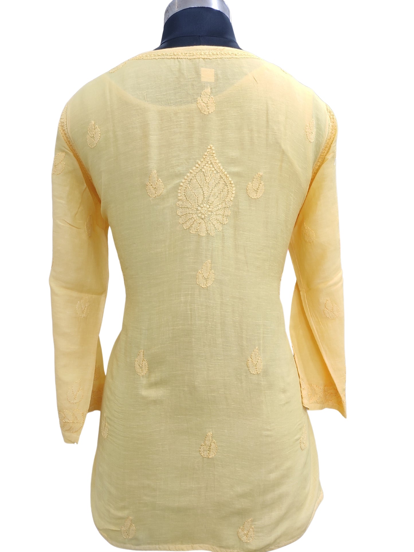 Shyamal Chikan Hand Embroidered Yellow Lenin Lucknowi Chikankari Short Top - S25467