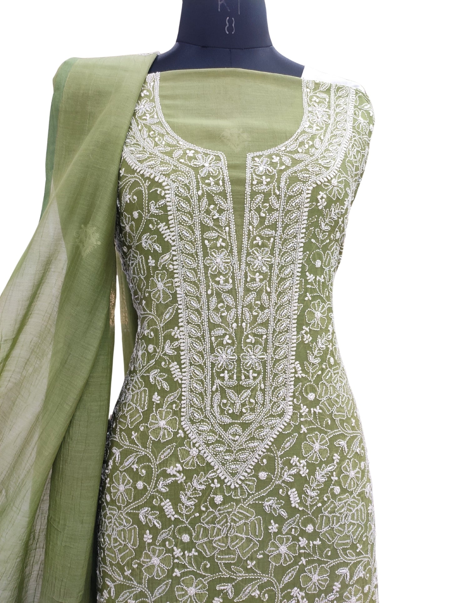 Shyamal Chikan Hand Embroidered Green Mul Chanderi Lucknowi Chikankari Unstitched Suit Piece with Cutdana & Sequin Work (Kurta Dupatta Set) - S24455