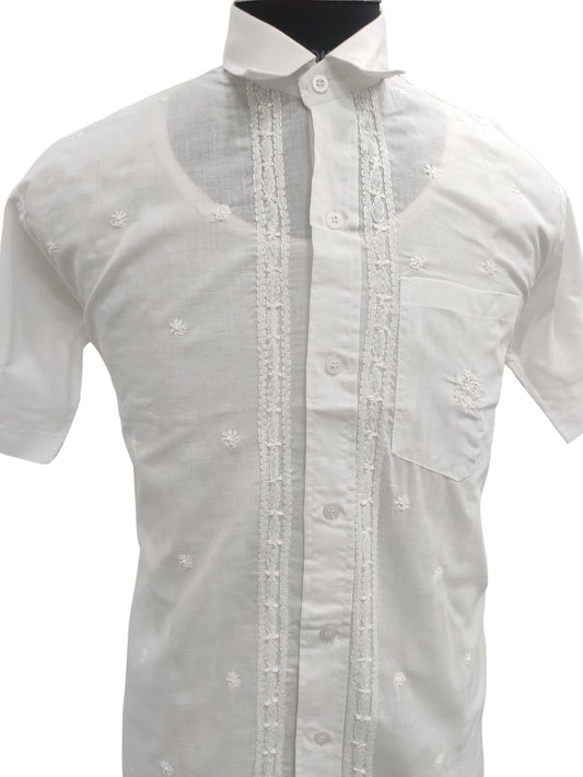 Shyamal Chikan Hand Embroidered White Cotton Lucknowi Chikankari Men's Shirt – S26798