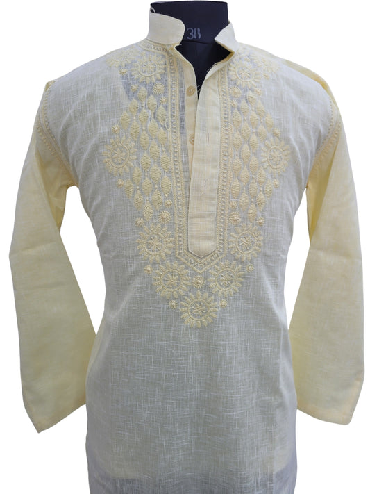 Shyamal Chikan Hand Embroidered Yellow Cotton Lucknowi Chikankari Men's Kurta - S25179