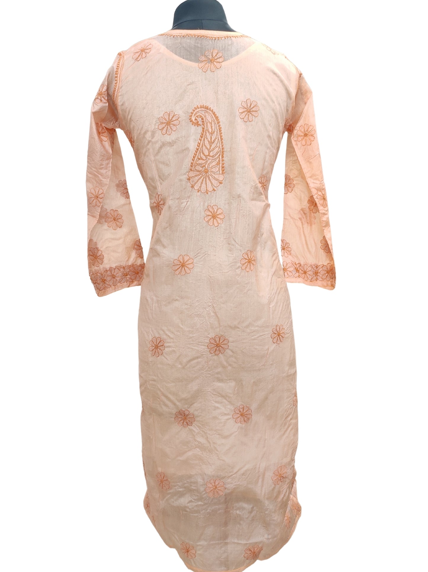 Shyamal Chikan Hand Embroidered Peach Pure Tusser Silk Lucknowi Chikankari Kurti- S24406