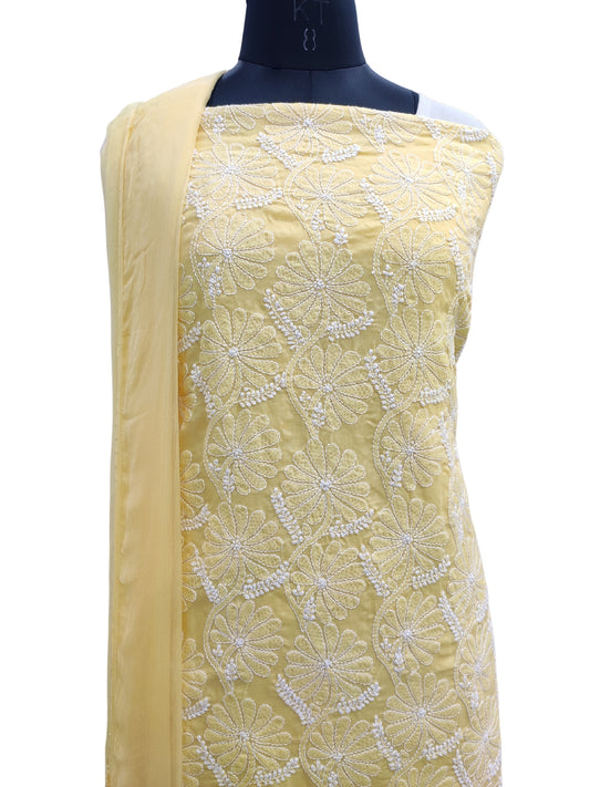 Shyamal Chikan Hand Embroidered Yellow Cotton Lucknowi Chikankari Unstitched Suit Piece With Daraz Work- S21859