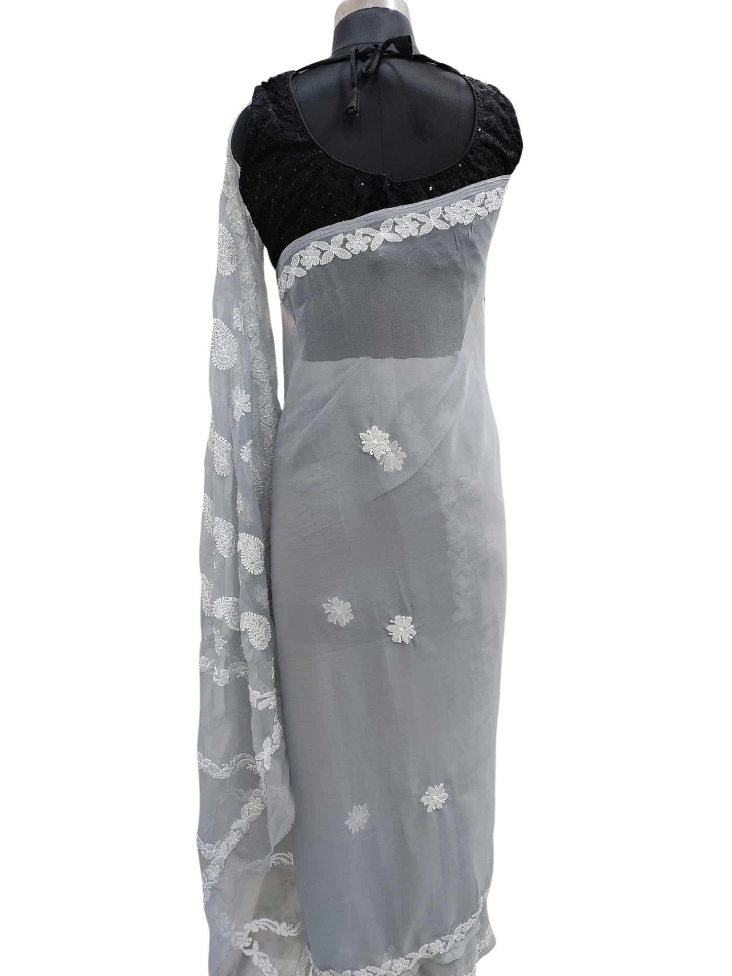 Shyamal Chikan Hand Embroidered Grey Georgette Lucknowi Chikankari Saree With Blouse Piece - S21924