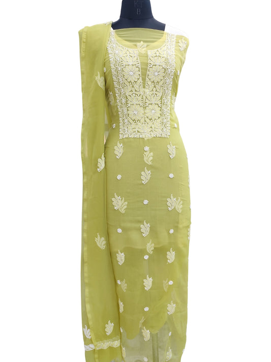 Shyamal Chikan Hand Embroidered Green Georgette Lucknowi Chikankari Unstitched Suit Piece - 24026