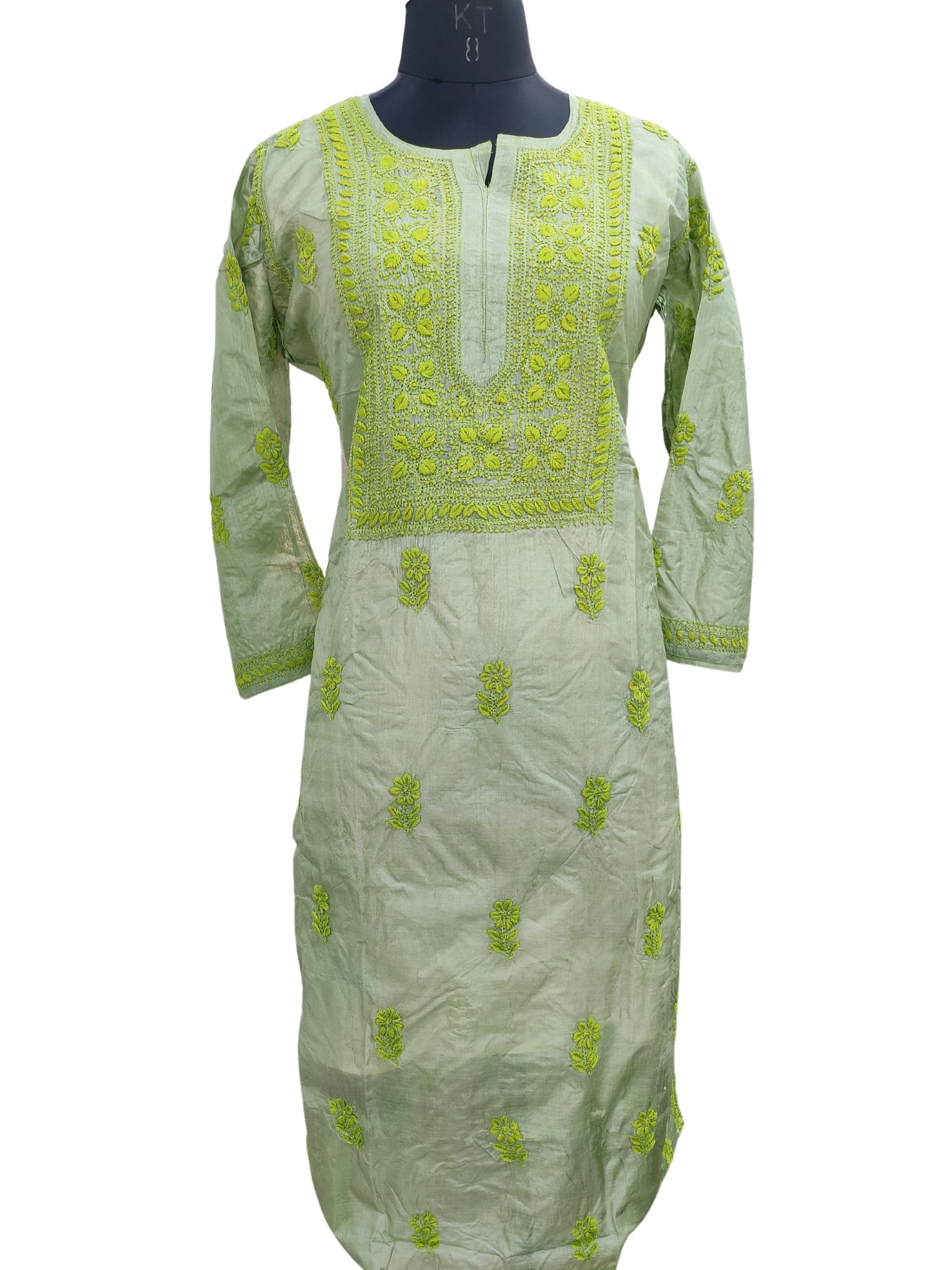 Shyamal Chikan Hand Embroidered Green Pure Tusser Silk Lucknowi Chikankari Kurti- S24398