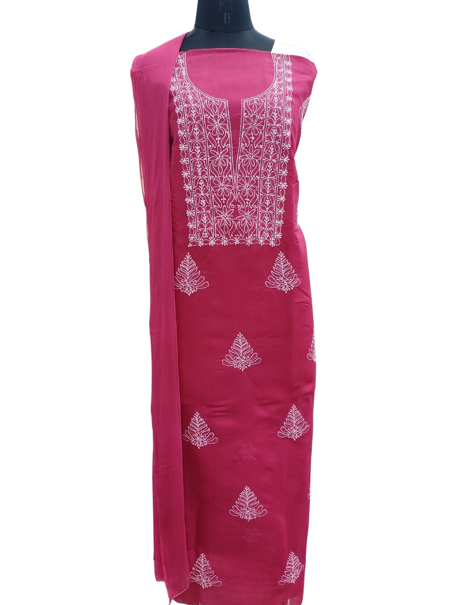 Shyamal Chikan Hand Embroidered Magenta Cotton Lucknowi Chikankari Unstitched Suit Piece - S24832