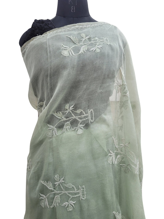 Shyamal Chikan Hand Embroidered Green Pure Organza Lucknowi Chikankari Saree With Blouse Piece - S22312