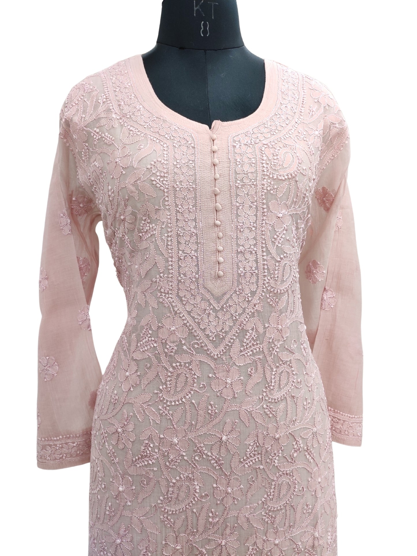 Shyamal Chikan Hand Embroidered Peach Mul Chanderi Lucknowi Chikankari Kurti - S24884