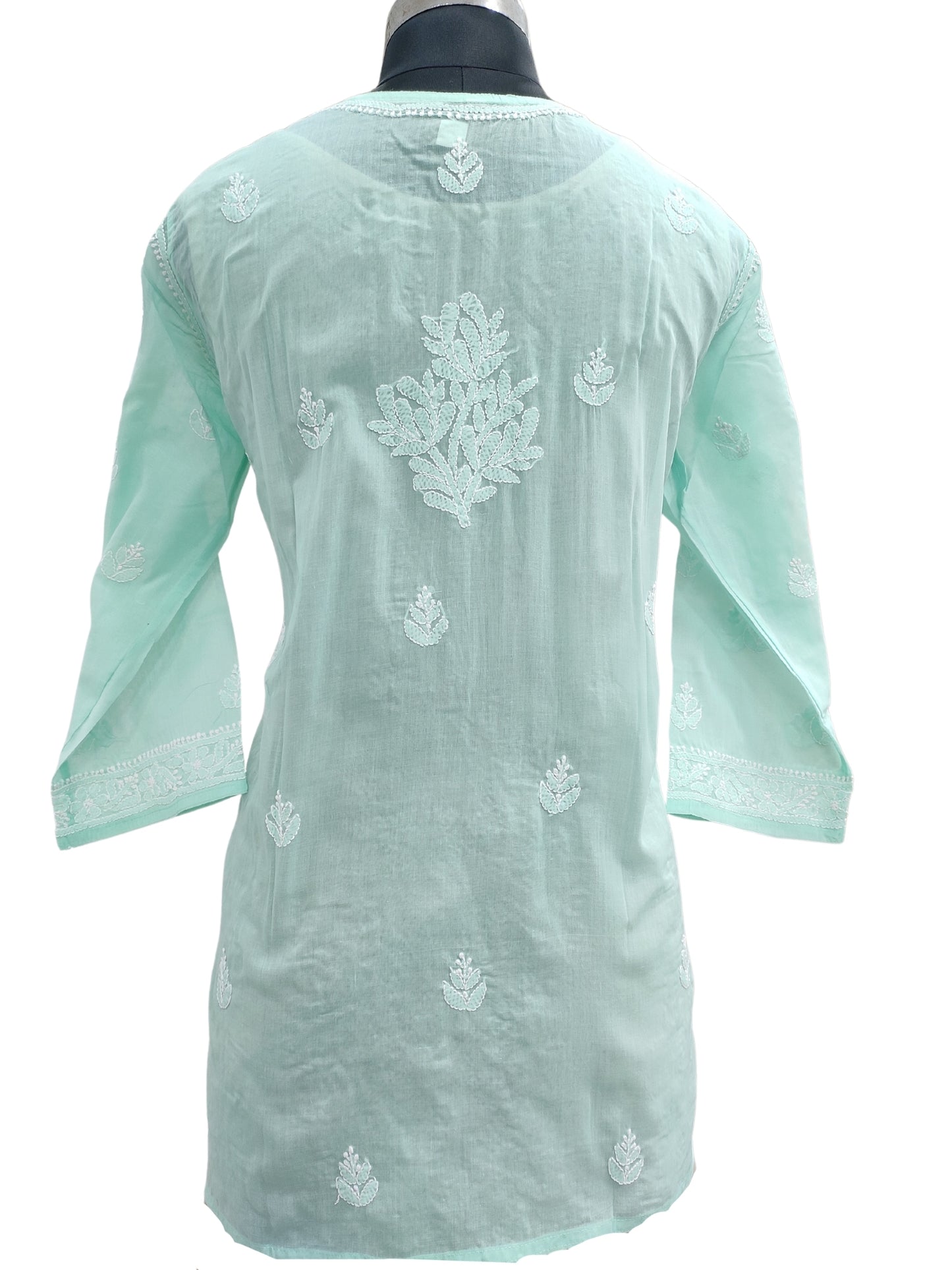 Shyamal Chikan Hand Embroidered Sea Green Cotton Lucknowi Chikankari Short Top With Jaali Work- S21762