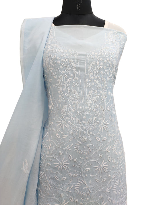 Shyamal Chikan Hand Embroidered Blue Cotton Silk  Lucknowi Chikankari Unstitched Suit Piece ( Kurta Dupatta Set ) - S22386