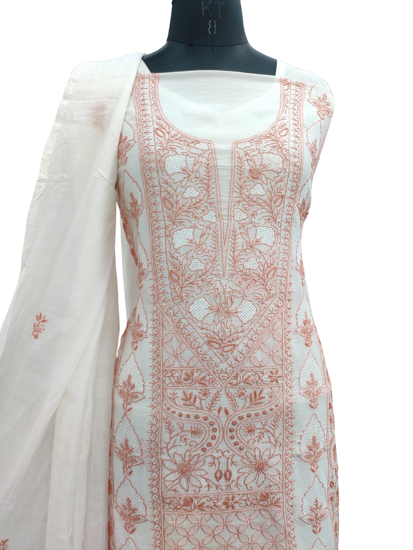 Shyamal Chikan Hand Embroidered White Mul Chanderi Lucknowi Chikankari Unstitched Suit Piece (Kurta Dupatta Set) - S24341