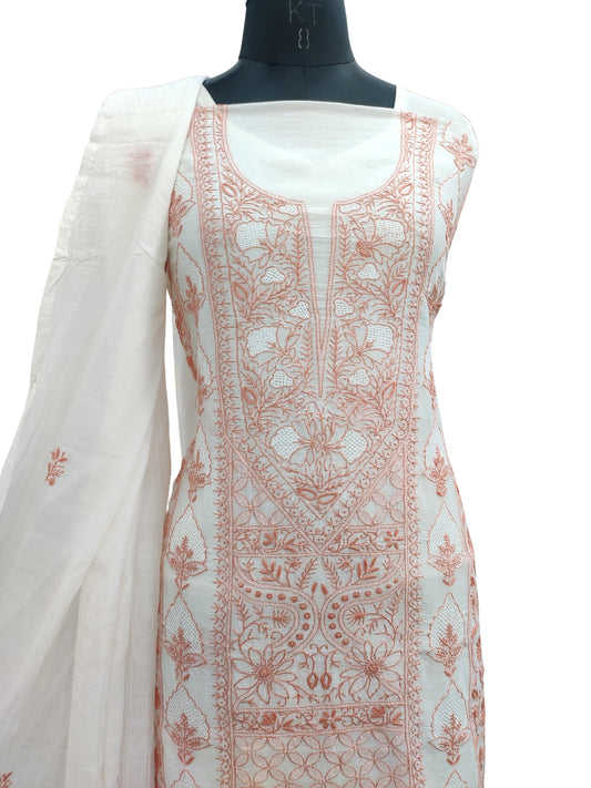 Shyamal Chikan Hand Embroidered White Mul Chanderi Lucknowi Chikankari Unstitched Suit Piece (Kurta Dupatta Set) - S24341