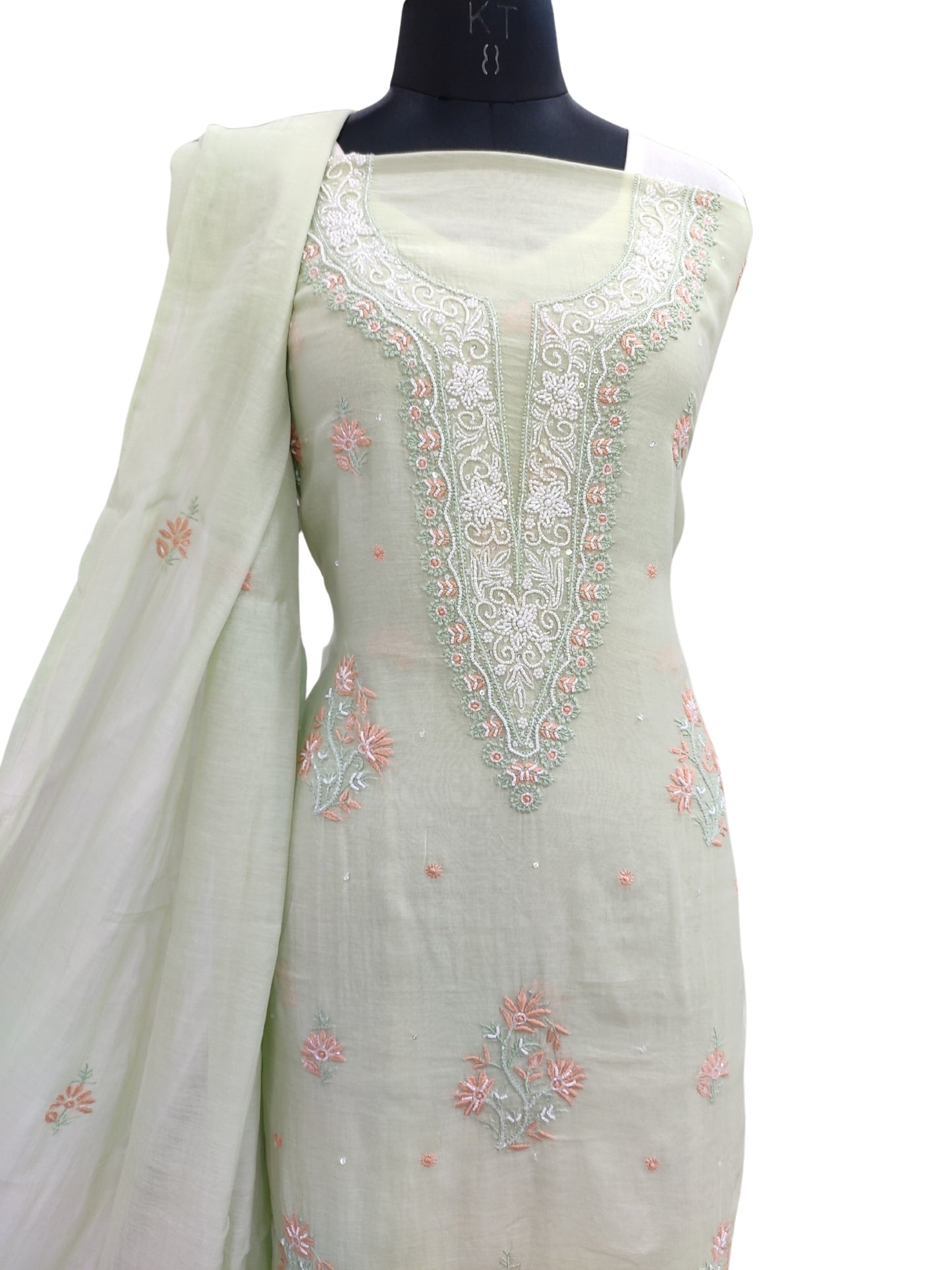 Shyamal Chikan Hand Embroidered Green Mul Chanderi Lucknowi Chikankari Unstitched Suit Piece with Cutdana & Sequin Work (Kurta Dupatta Set) - S24427