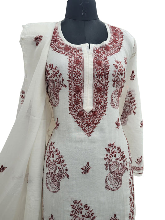 Shyamal Chikan Hand Embroidered White Mul Chanderi Lucknowi Chikankari semi stitched Suit Piece (Kurta Dupatta Set) - S25096