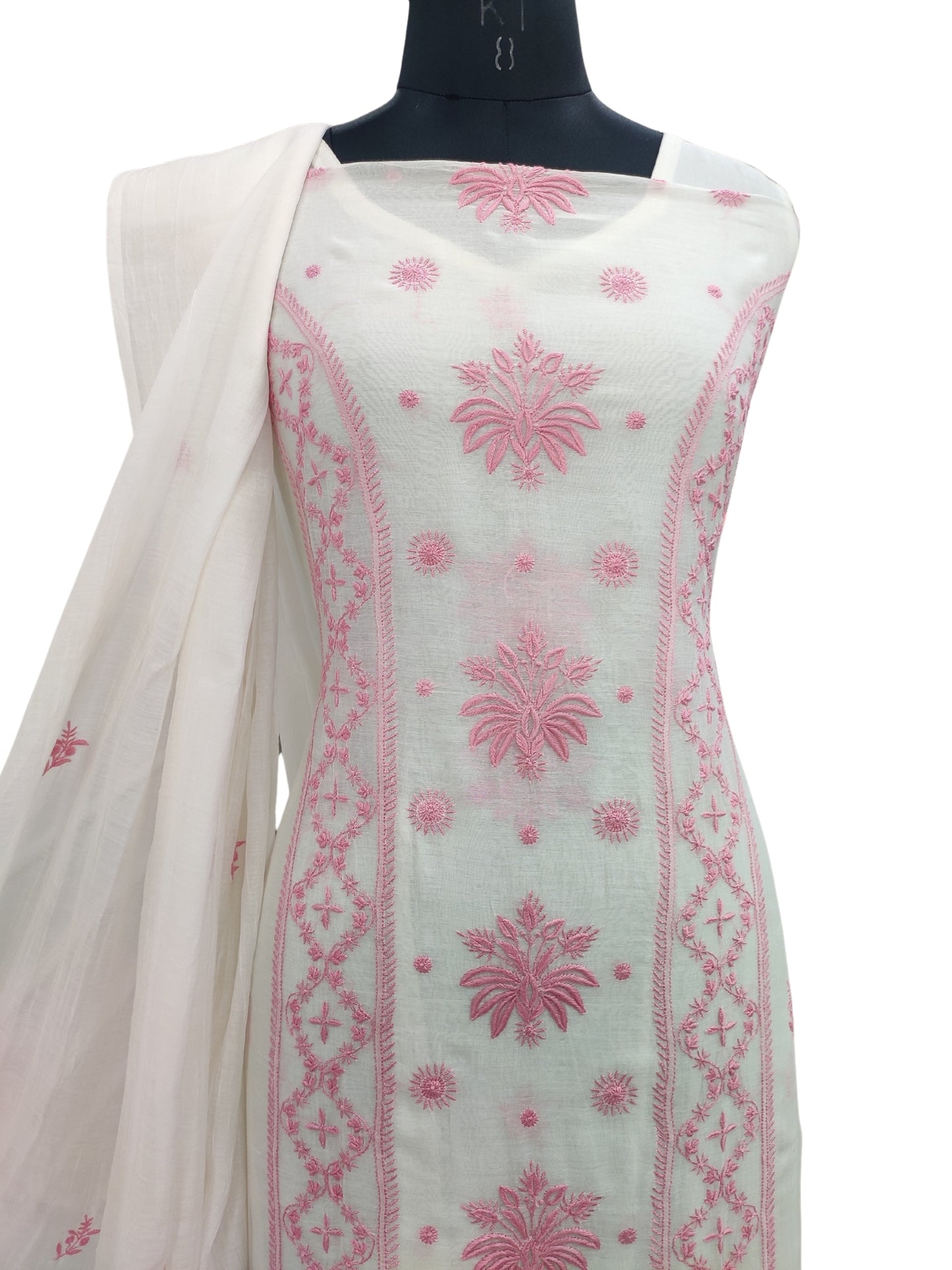 Shyamal Chikan Hand Embroidered White Mul Chanderi Lucknowi Chikankari Unstitched Suit Piece (Kurta Dupatta Set) - 23686