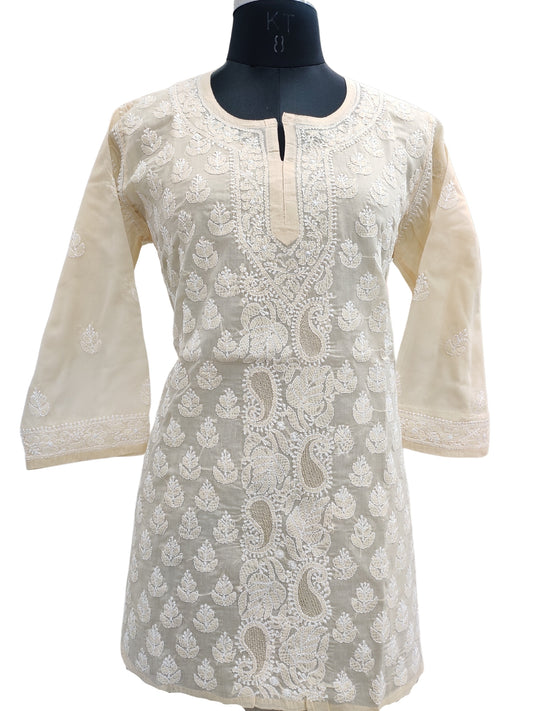Shyamal Chikan Hand Embroidered Beige Cotton Lucknowi Chikankari Short Top With Jaali Work- S21760