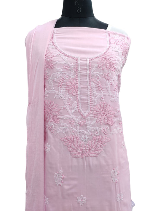 Shyamal Chikan Hand Embroidered Pink Cotton Lucknowi Chikankari Unstitched Suit Piece - S24170