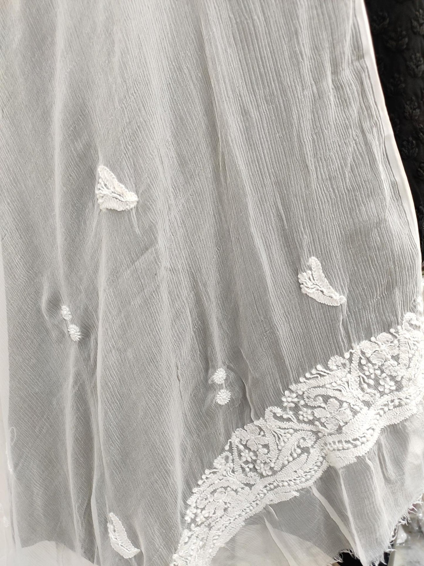 Shyamal Chikan Hand Embroidered White Pure Chiffon Lucknowi Chikankari Dupatta - S20107