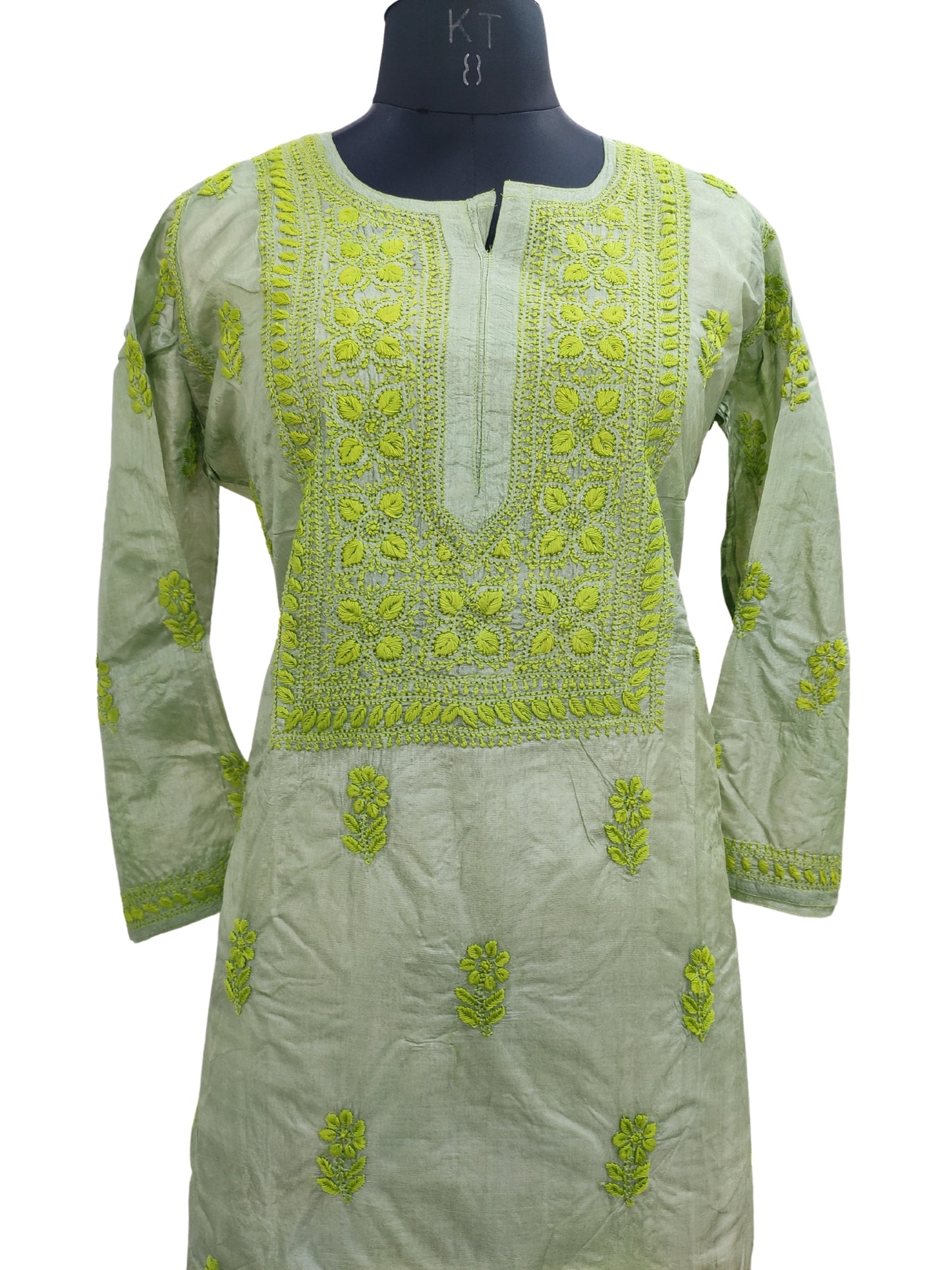 Shyamal Chikan Hand Embroidered Green Pure Tusser Silk Lucknowi Chikankari Kurti- S24398