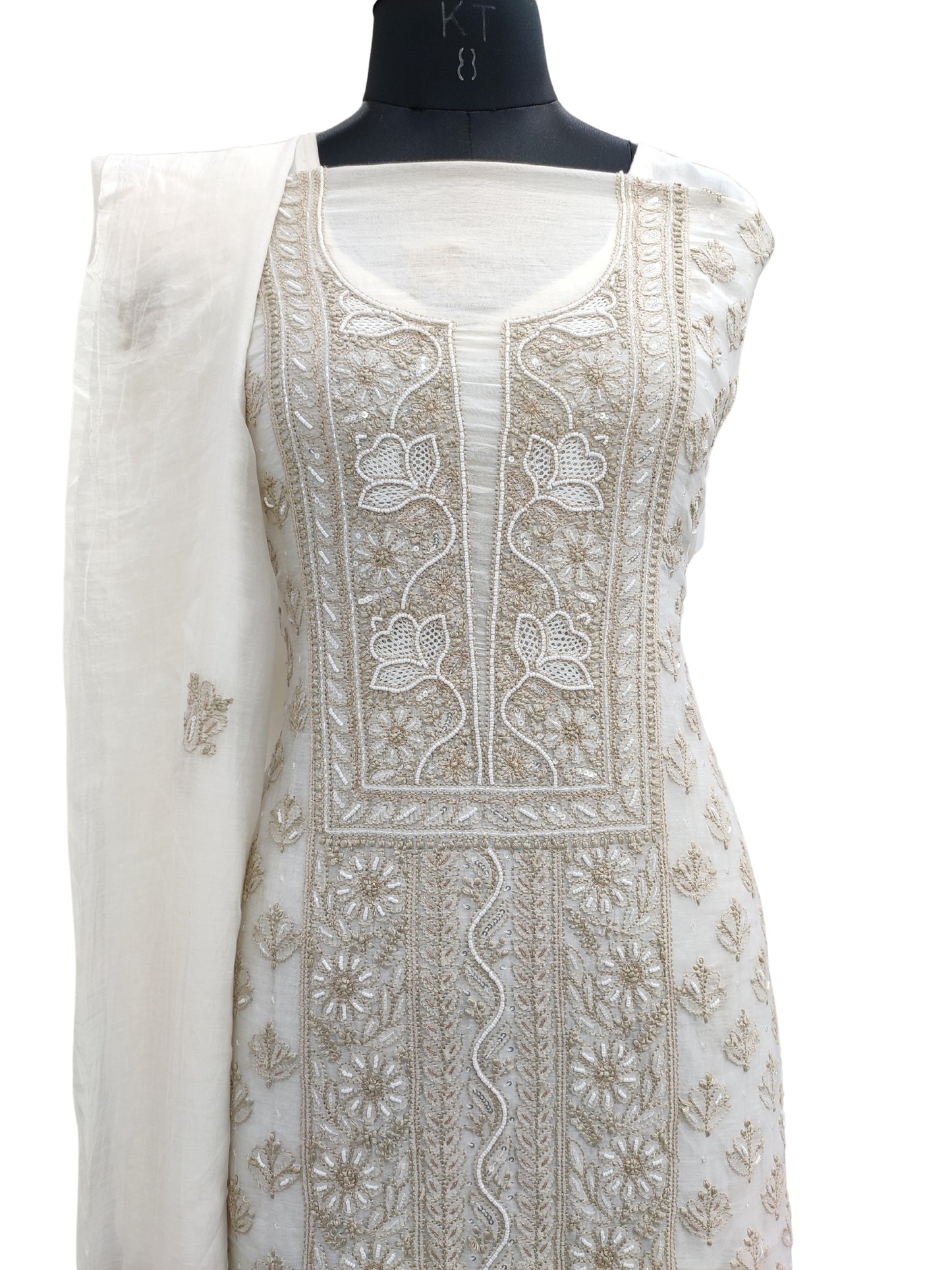 Shyamal Chikan Hand Embroidered White Mul Chanderi Lucknowi Chikankari Unstitched Suit Piece with Cutdana & Sequin Work (Kurta Dupatta Set) - S23973