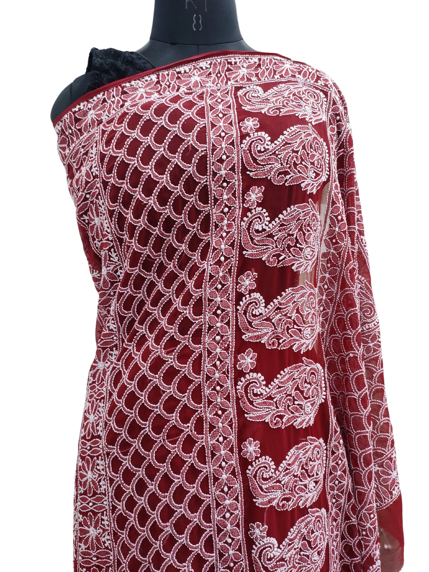 Shyamal Chikan Hand Embroidered Maroon Georgette Lucknowi Chikankari Skirt Saree With Blouse Piece - S25243