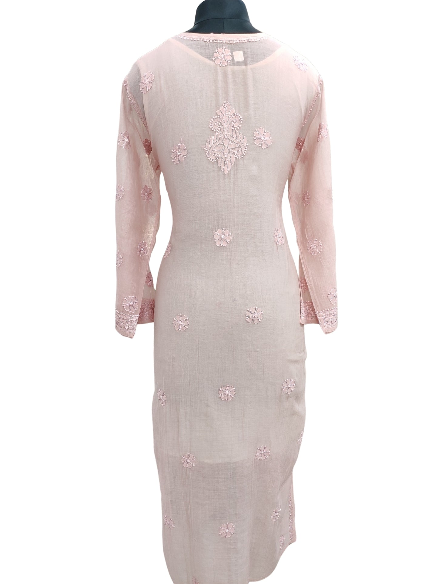 Shyamal Chikan Hand Embroidered Peach Mul Chanderi Lucknowi Chikankari Kurti - S24884