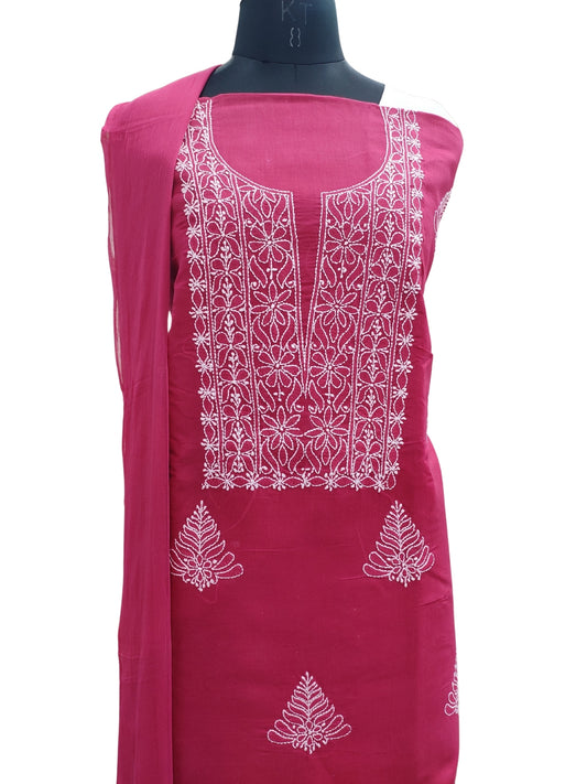 Shyamal Chikan Hand Embroidered Magenta Cotton Lucknowi Chikankari Unstitched Suit Piece - S24832