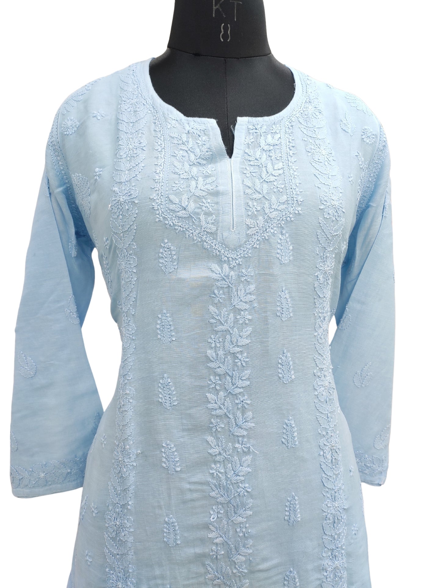 Shyamal Chikan Hand Embroidered Blue Lenin Lucknowi Chikankari Short Top - S25465