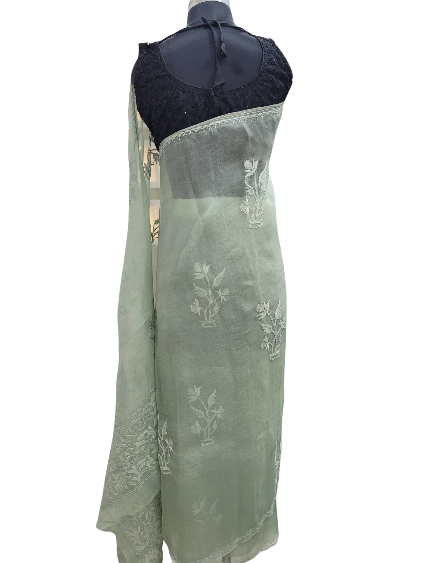 Shyamal Chikan Hand Embroidered Green Pure Organza Lucknowi Chikankari Saree With Blouse Piece - S22312