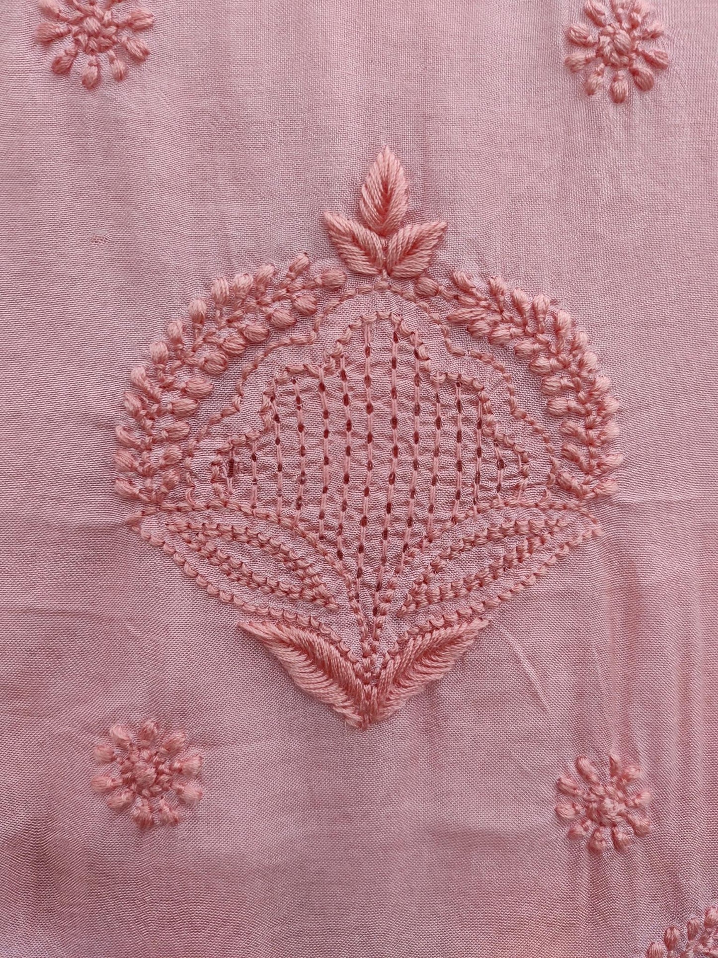 Shyamal Chikan Hand Embroidered Pink Pure Chiffon Lucknowi Chikankari Unstitched Suit Piece ( Kurta  Dupatta Set ) - S20479