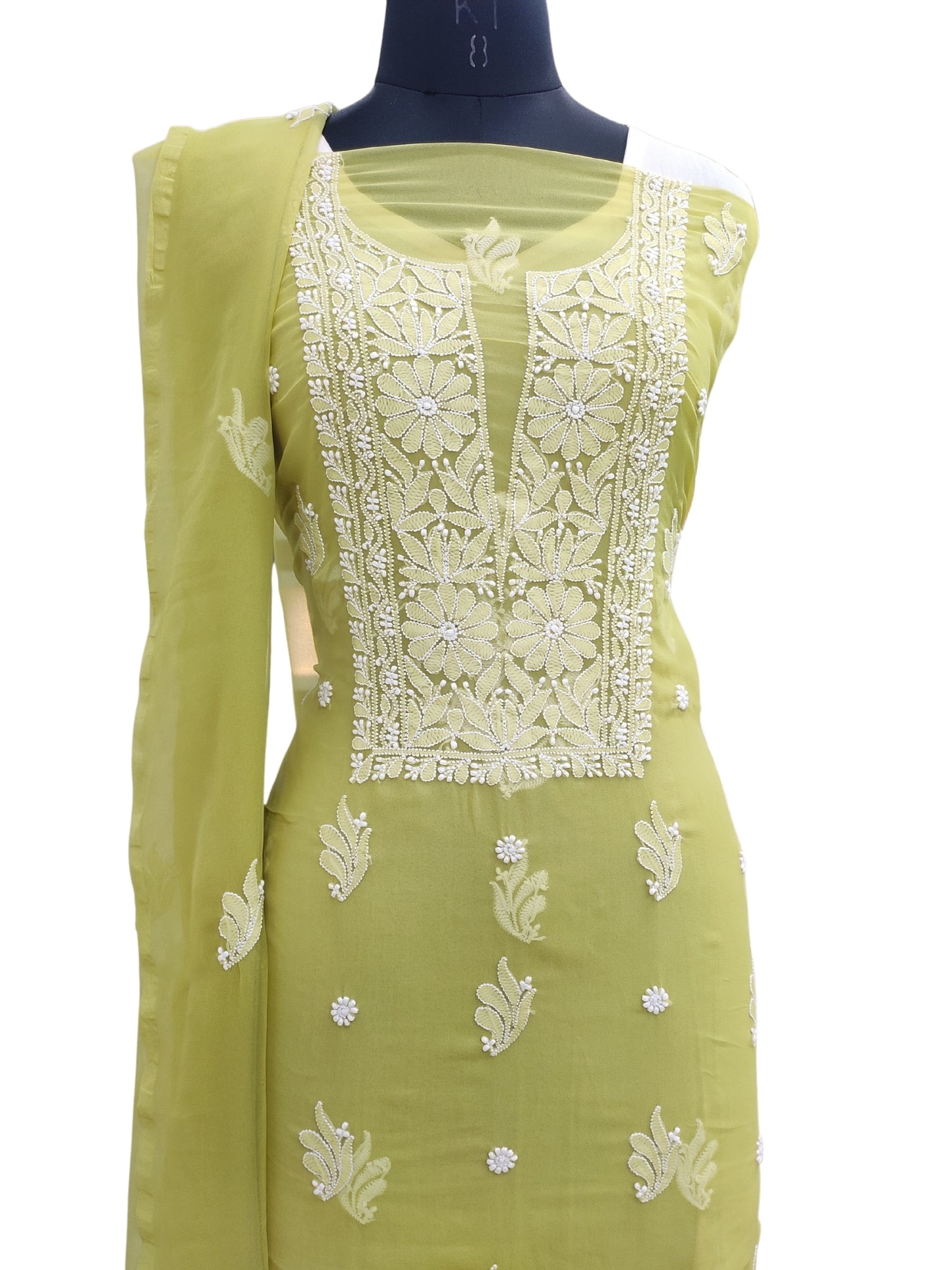 Shyamal Chikan Hand Embroidered Green Georgette Lucknowi Chikankari Unstitched Suit Piece - 24026