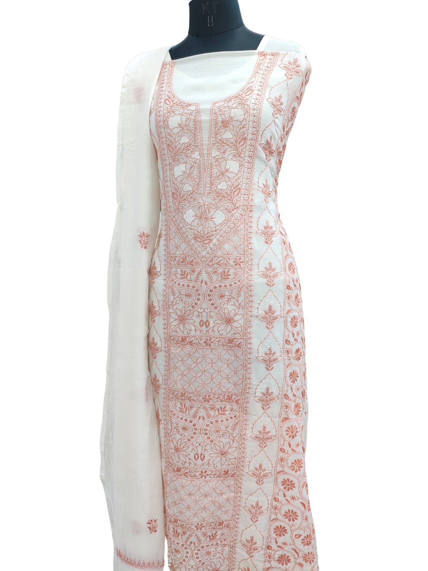 Shyamal Chikan Hand Embroidered White Mul Chanderi Lucknowi Chikankari Unstitched Suit Piece (Kurta Dupatta Set) - S24341