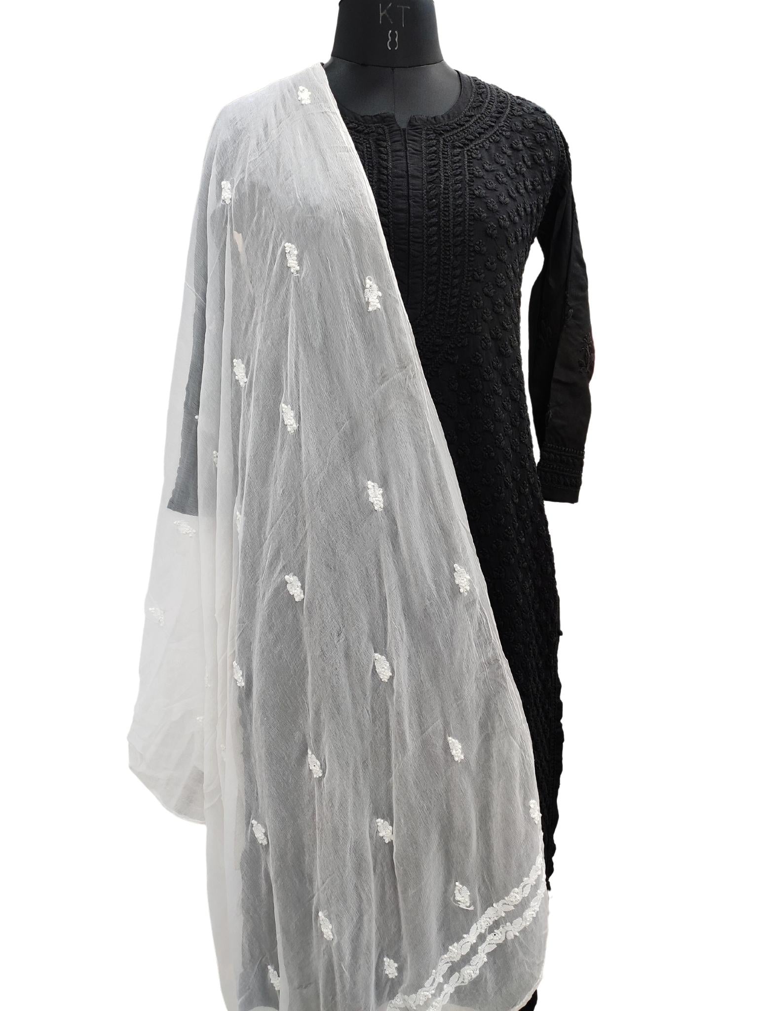 Shyamal Chikan Hand Embroidered White Pure Chiffon Lucknowi Chikankari Dupatta - S20106