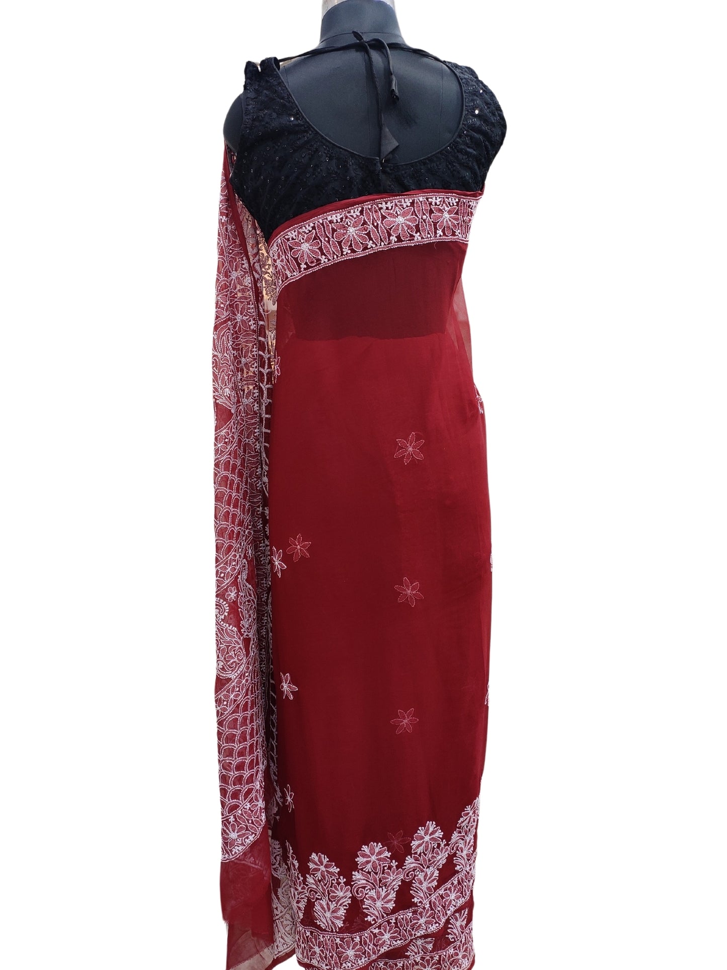 Shyamal Chikan Hand Embroidered Maroon Georgette Lucknowi Chikankari Skirt Saree With Blouse Piece - S25243