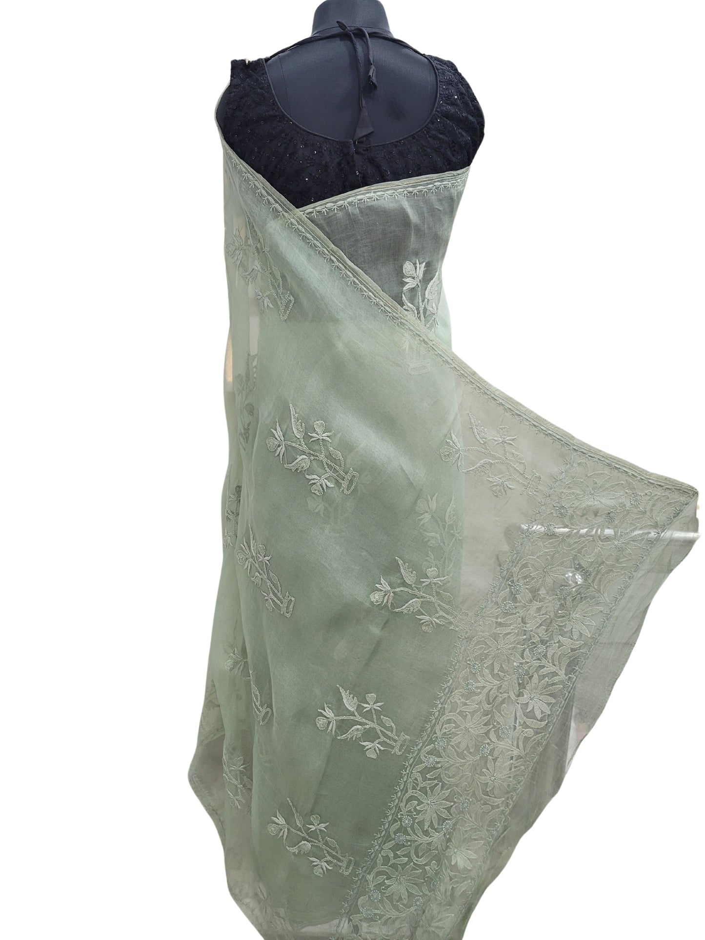 Shyamal Chikan Hand Embroidered Green Pure Organza Lucknowi Chikankari Saree With Blouse Piece - S22312