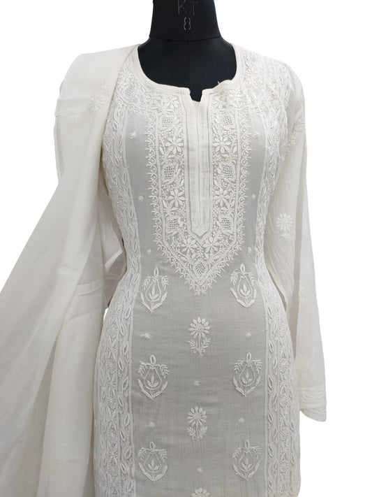 Shyamal Chikan Hand Embroidered White Mul Chanderi Lucknowi Chikankari semi stitched Suit Piece (Kurta Dupatta Set) - 23979