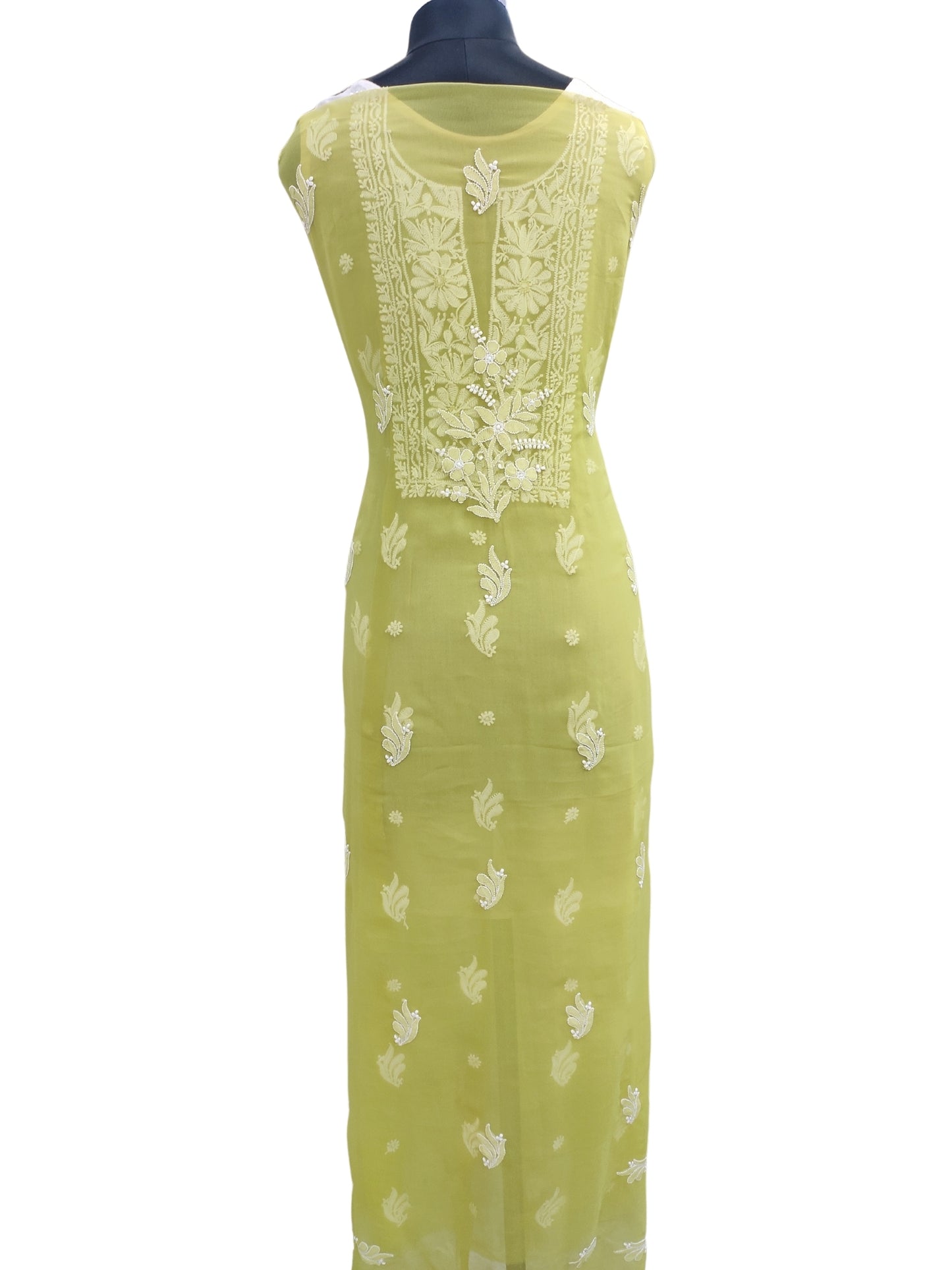 Shyamal Chikan Hand Embroidered Green Georgette Lucknowi Chikankari Unstitched Suit Piece - 24026