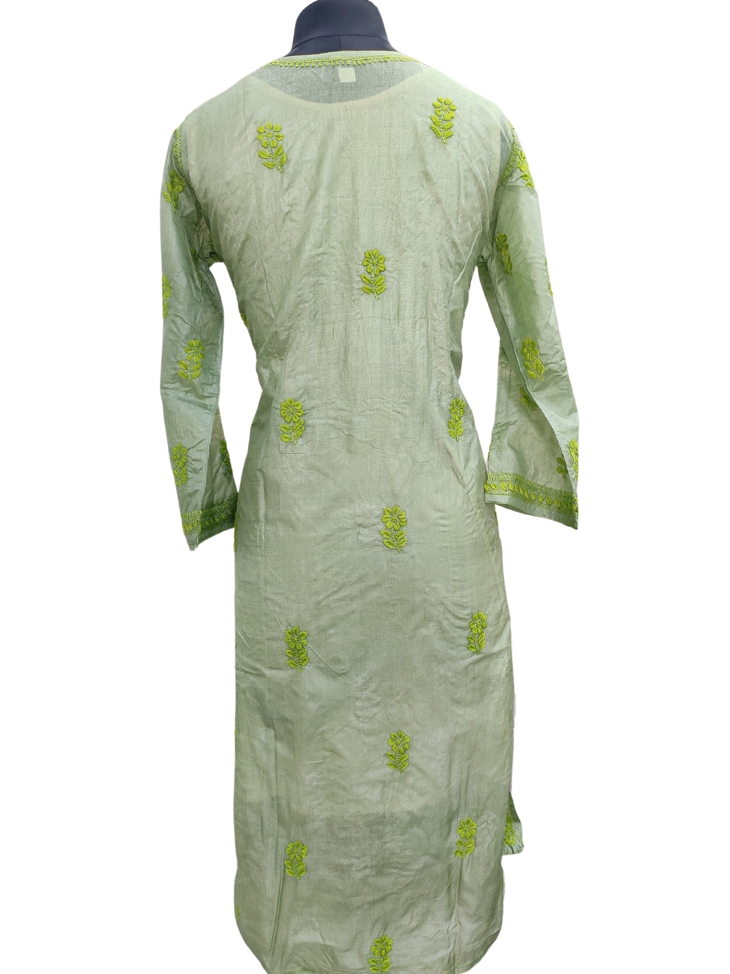 Shyamal Chikan Hand Embroidered Green Pure Tusser Silk Lucknowi Chikankari Kurti- S24398