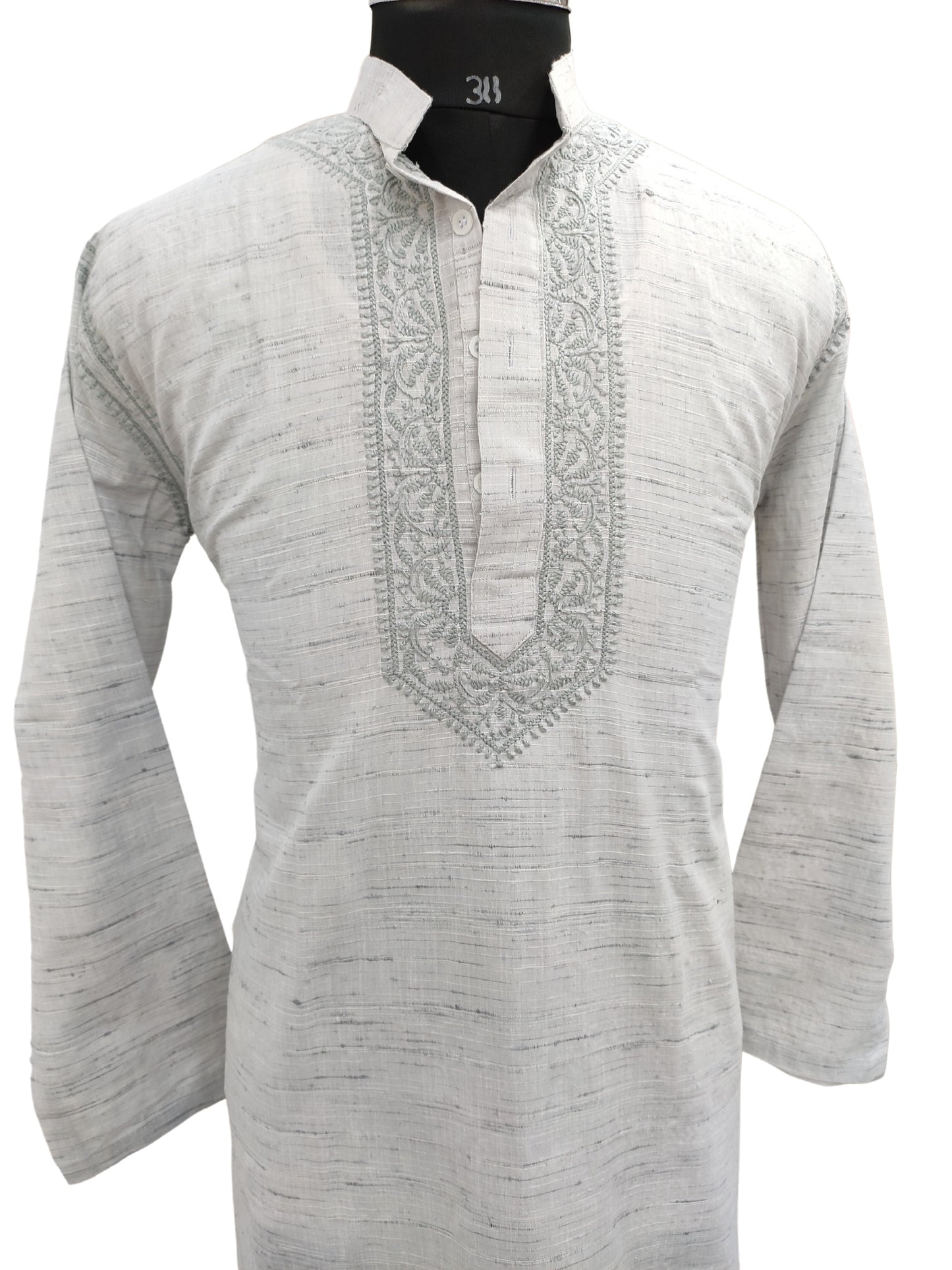 Shyamal Chikan Hand Embroidered Grey Cotton Lucknowi Chikankari Men's Kurta– S20530