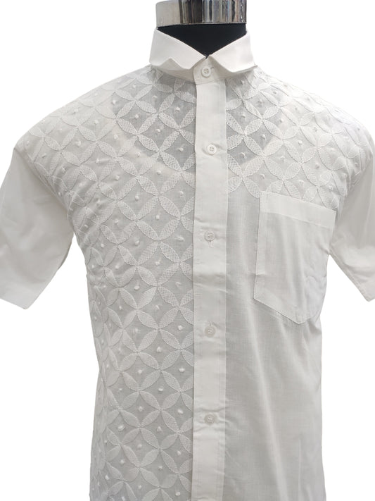 Shyamal Chikan Hand Embroidered White Cotton Lucknowi Chikankari Half Jaal Men's Shirt – S26796