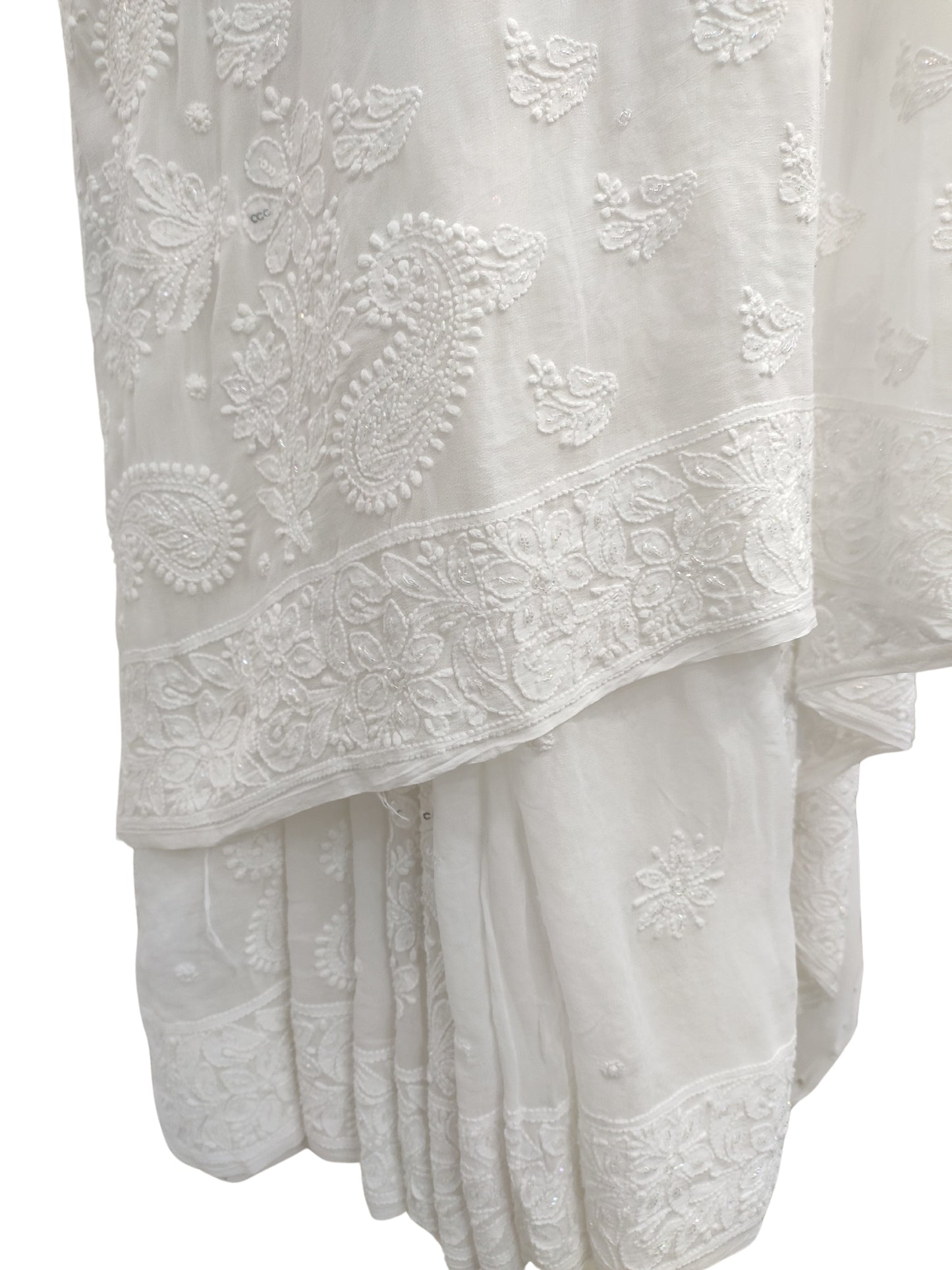 Shyamal Chikan Hand Embroidered White HQ Viscose Georgette Lucknowi Chikankari Saree With Blouse Piece With Pearl Cutdana and Sequin Work- S25217