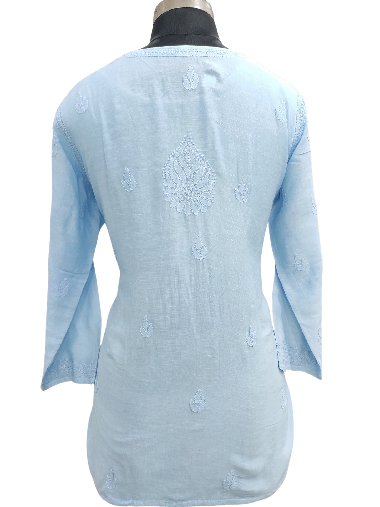 Shyamal Chikan Hand Embroidered Blue Lenin Lucknowi Chikankari Short Top - S25465