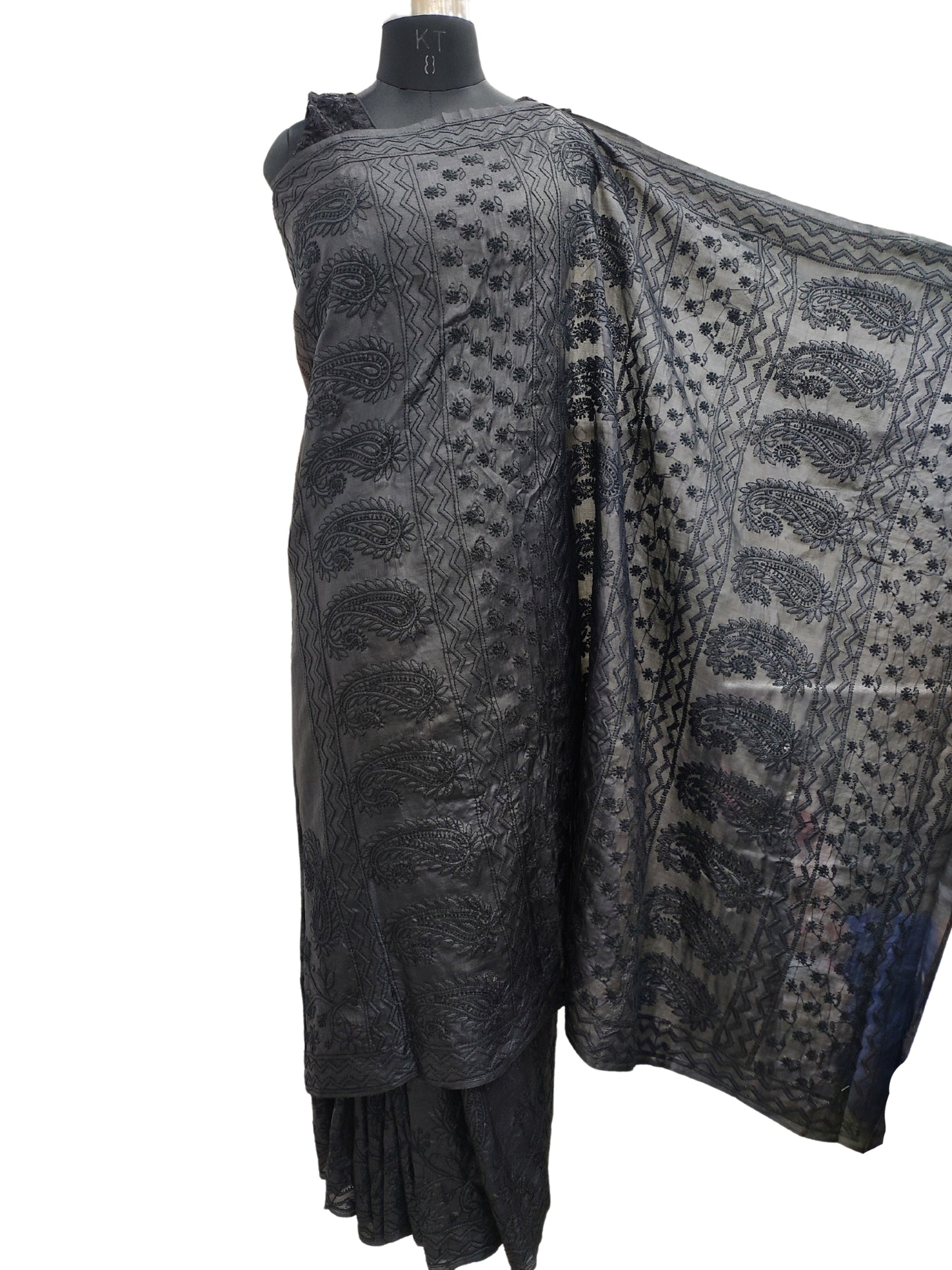 Shyamal Chikan Hand Embroidered Black Pure Tusser Silk Lucknowi Chikankari Saree With Blouse Piece- S20724