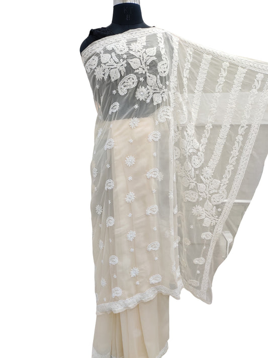 Shyamal Chikan Hand Embroidered Beige Georgette Lucknowi Chikankari Saree With Blouse Piece - S21925