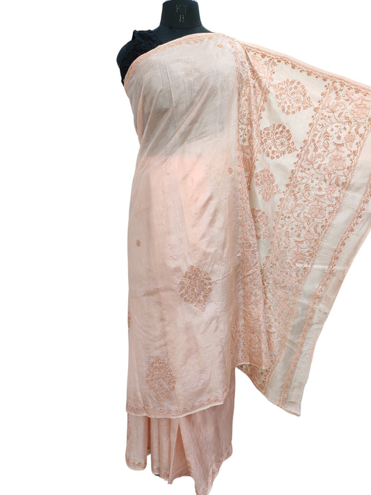 Shyamal Chikan Hand Embroidered Peach Tusser Silk Lucknowi Chikankari Saree With Blouse Piece- S22555