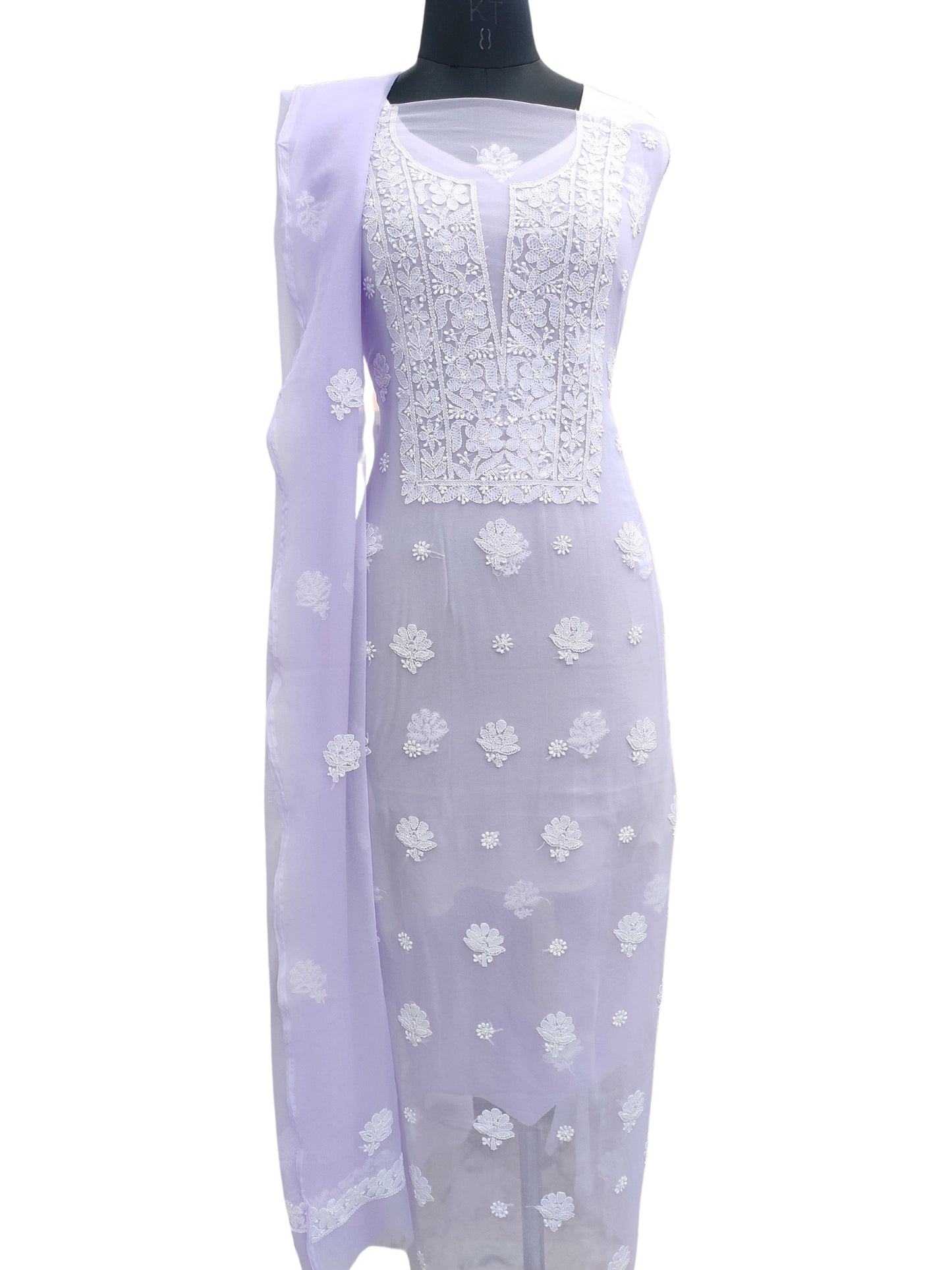 Shyamal Chikan Hand Embroidered Lavender Georgette Lucknowi Chikankari Unstitched Suit Piece - 24012