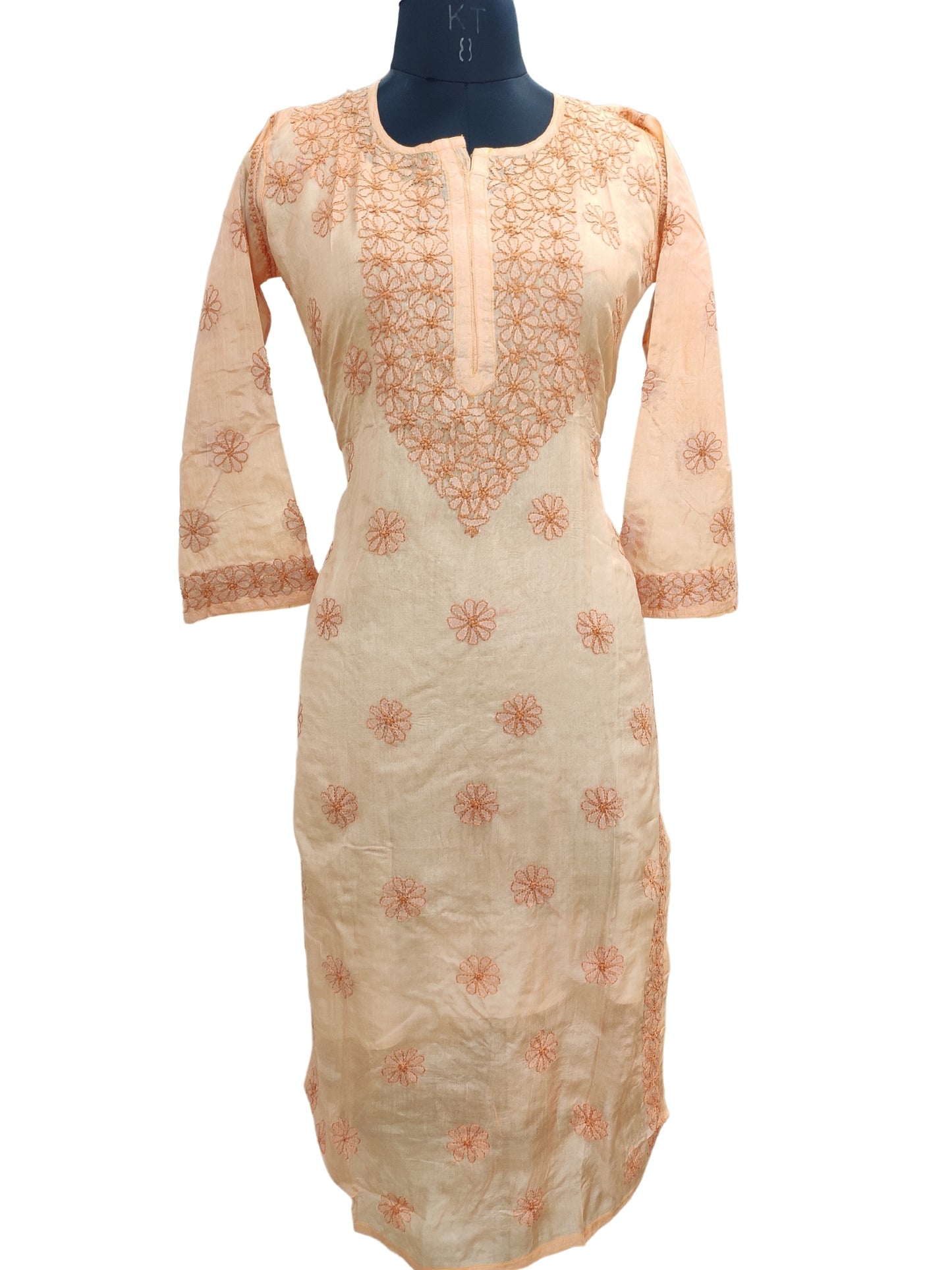 Shyamal Chikan Hand Embroidered Orange Pure Tusser Silk Lucknowi Chikankari Kurti- S24399