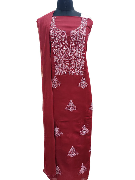 Shyamal Chikan Hand Embroidered Maroon Cotton Lucknowi Chikankari Unstitched Suit Piece - S24757