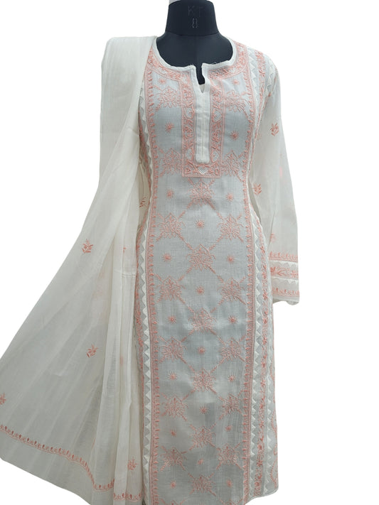 Shyamal Chikan Hand Embroidered White American Cotton Lucknowi Chikankari semi stitched Suit Piece (Kurta Dupatta Set) - S25104